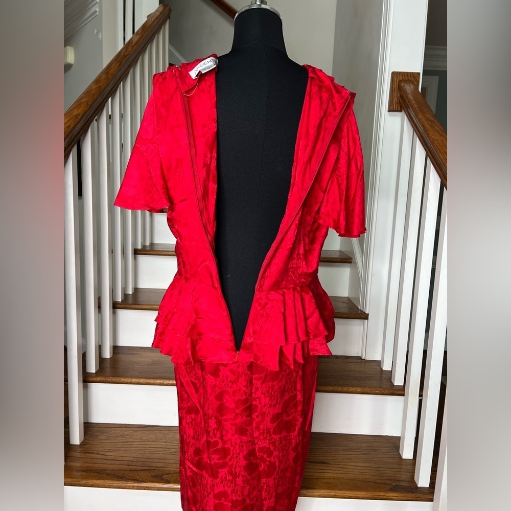 Vintage 80s Red Silk Peplum Dress Midi Belted Cocktail Party Size 12 - Picture 8 of 9
